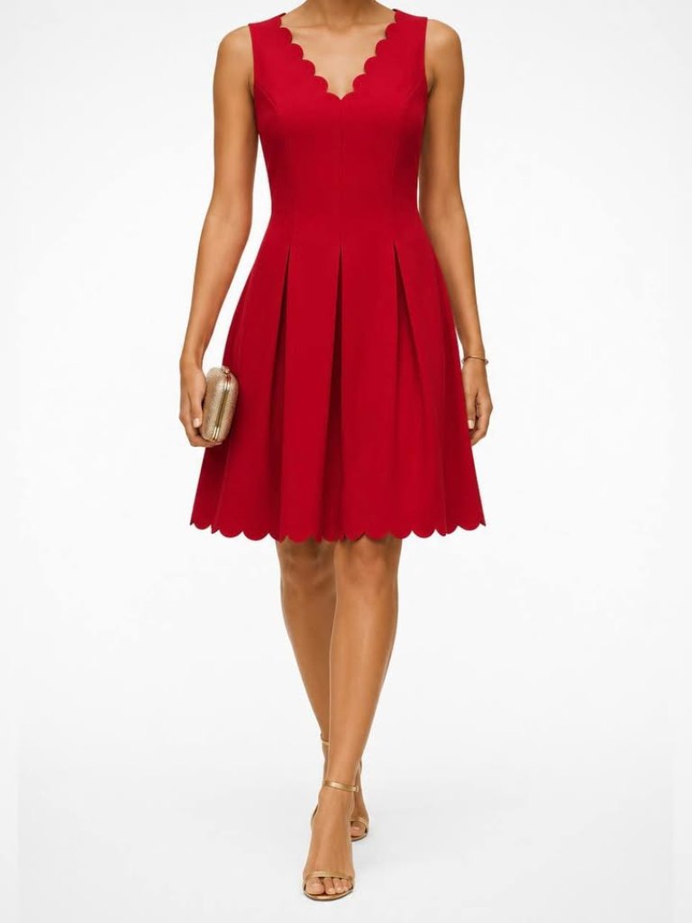 Banana Republic Scalloped Fit & Flare Pleated Scuba Red Party Dress [Size 10t]